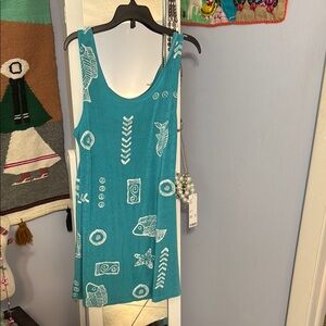 Beach cover-up Teal Sleeveless Dress with White Fish Print